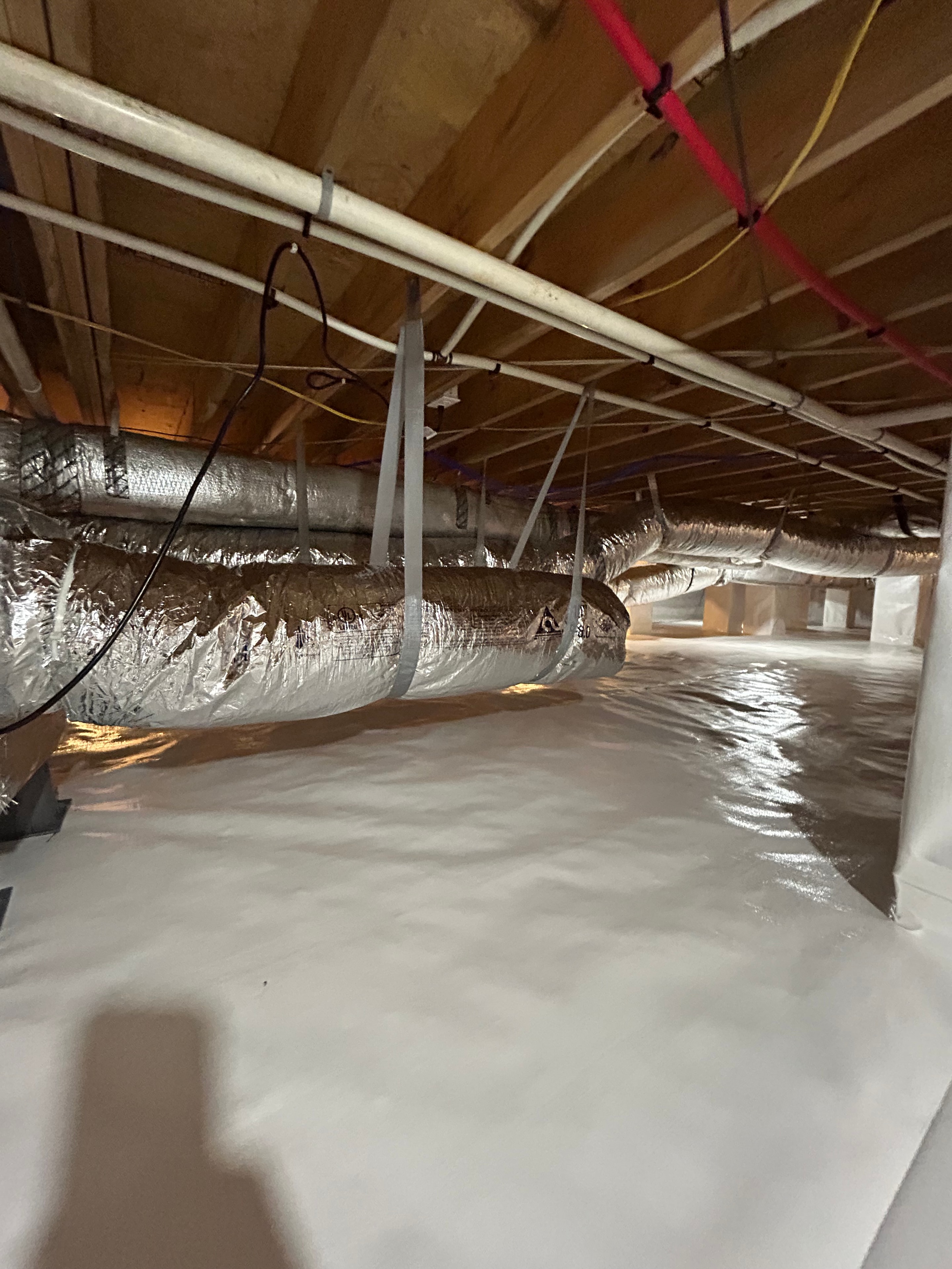Crawl space with pipes and structural elements
